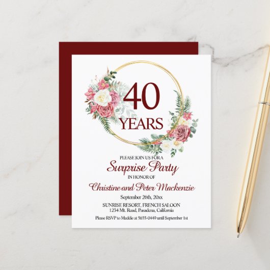 Papier Budget 40e anniversaire Surprise Party Invitation (Devant/Arrière en situation)