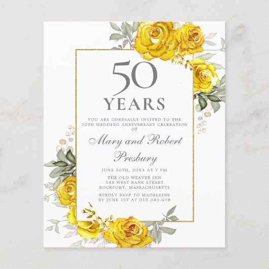 Papier Budget 50e anniversaire Invitation florale jaune (Devant)