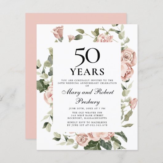 Papier Budget 50e anniversaire Invitation florale rose (Devant / Derrière)