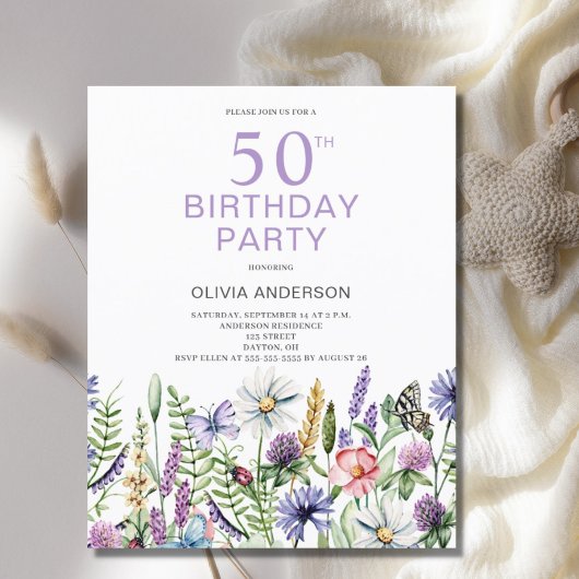Papier Budget 50e anniversaire Invitation florale violett