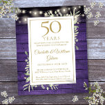 Papier Budget 50e anniversaire Purple Rustic Invitation<br><div class="desc">Doté d'une délicate aquarelle de verdure et de jolies lampes à cordes sur un arrière - plan de panneaux de bois violet,  cette invitation rustique chic peut être personnalisée avec vos informations spéciales de célébration de 50 ans. Conçu par Thisisnotme©</div>