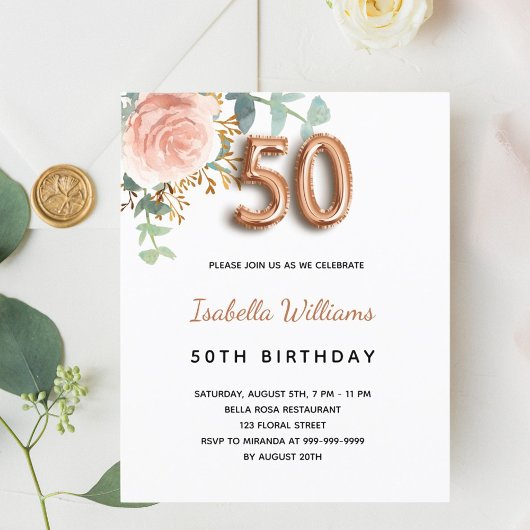 Papier Budget 50e anniversaire rose or eucalyptus floral