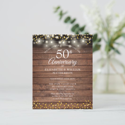 Papier Budget 50e anniversaire Rustic Gold Hearts Invitat (Debout devant)