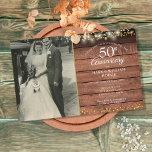 Papier Budget 50e anniversaire Rustic Photo Invitation<br><div class="desc">Une invitation budgétaire 50ème anniversaire mariage avec des lumières à cordes et délicat coeur d'amour doré confetti sur un arrière - plan rustique en bois. Personnalisez avec votre photo mariage préférée et vos détails spéciaux de célébration du 50e anniversaire de mariage d'or en typographie chic. Conçu par Thisisnotme©</div>