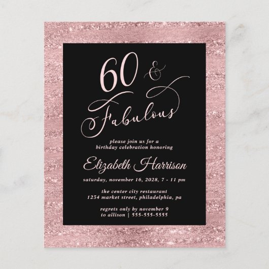 Papier Budget 60e anniversaire fête Elégant Rose Gold (Devant)