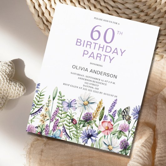 Papier Budget 60e anniversaire Invitation florale violett
