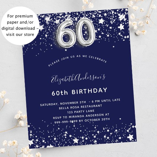 Papier Budget 60e anniversaire marine bleu argent invitat