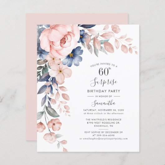 Papier Budget 60e anniversaire Pink Floral Party Invitati (Devant / Derrière)