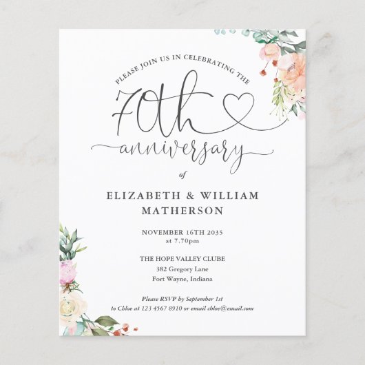 Papier Budget 70e Anniversaire Coeur Floral Invitation (Devant)
