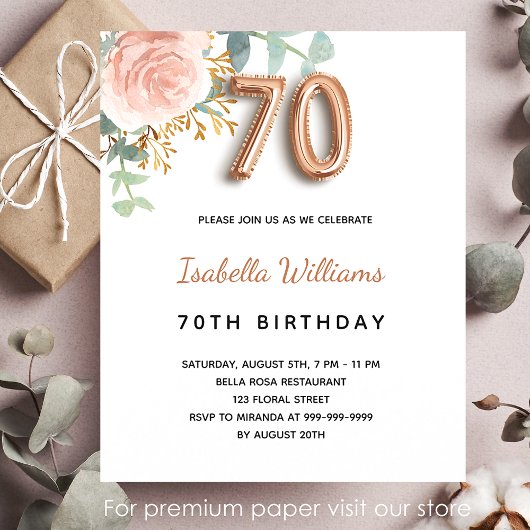Papier Budget 70e anniversaire floral rose d'or eucalyptu
