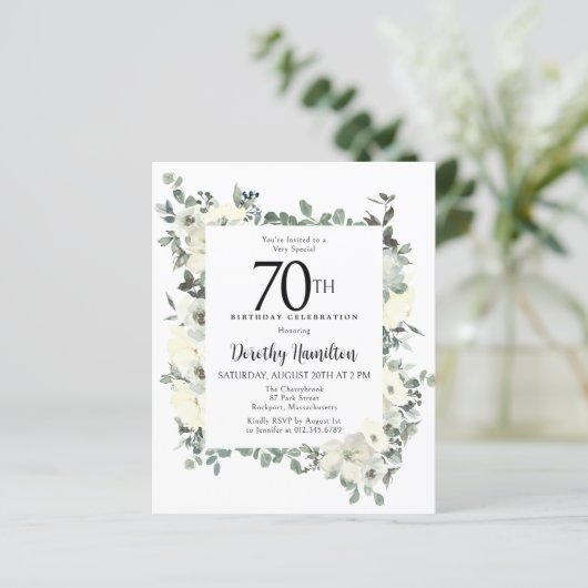 Papier Budget 70e anniversaire Invitation florale blanche (Debout devant)