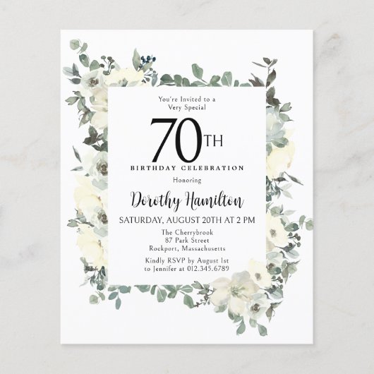 Papier Budget 70e anniversaire Invitation florale blanche (Devant)
