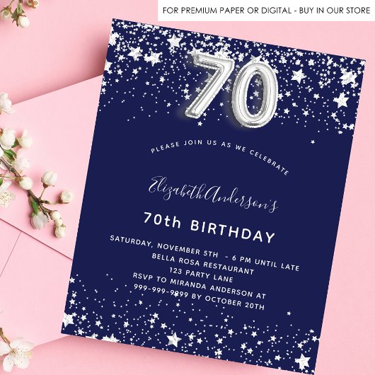 Papier Budget 70e anniversaire marine bleu argent invitat