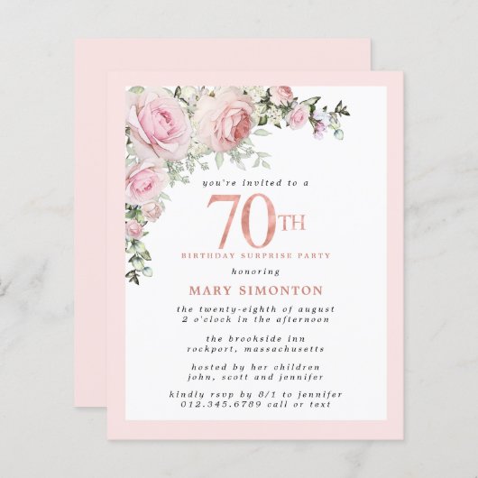 Papier Budget 70e Anniversaire Surprise Invitation rose (Devant / Derrière)