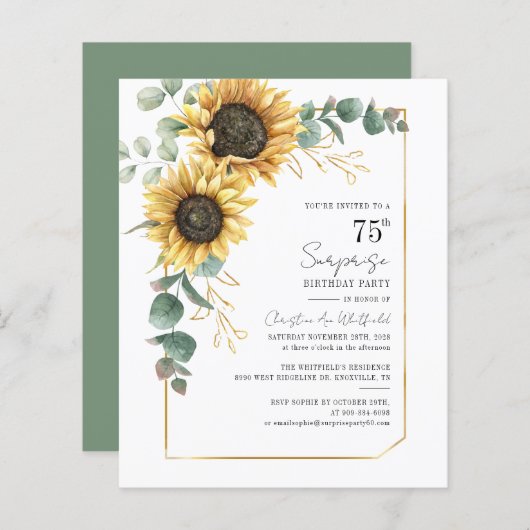 Papier Budget 75e anniversaire Sunflower Green Invitation (Devant / Derrière)