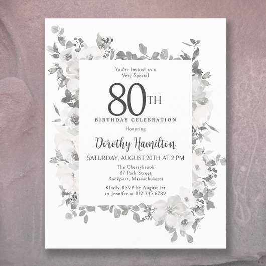Papier Budget 80e anniversaire Invitation florale blanche