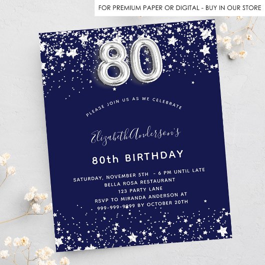 Papier Budget 80e anniversaire marine bleu argent invitat