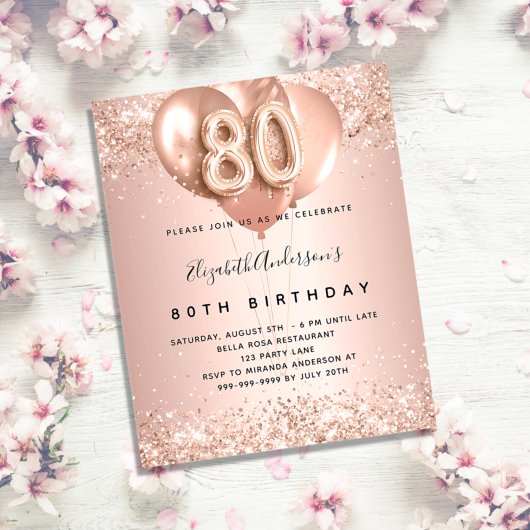 Papier Budget 80e anniversaire rose invitation ballons d'