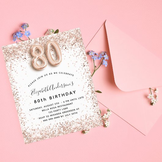 Papier Budget 80e anniversaire rose or blanc invitation