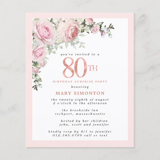 Papier Budget 80e anniversaire Surprise Party rose Floral (Devant)