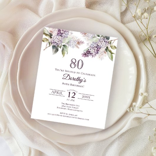 Papier BUDGET 80e fête d'anniversaire Purple Lilac Floral