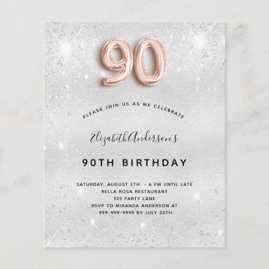 Papier Budget 90e anniversaire argent rose or invitation (Devant)