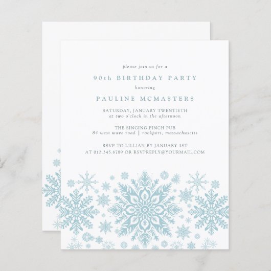 Papier BUDGET 90e anniversaire Bleu Snowflake Invitation (Devant / Derrière)