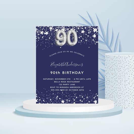 Papier Budget 90e anniversaire marine bleu argent invitat