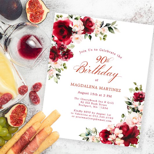 Papier BUDGET 90e anniversaire Red Pink Floral Invitation