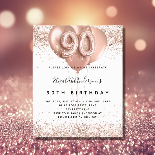 Papier Budget 90e anniversaire rose invitation ballons d'