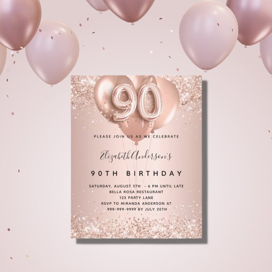 Papier Budget 90e anniversaire rose invitation ballons d'