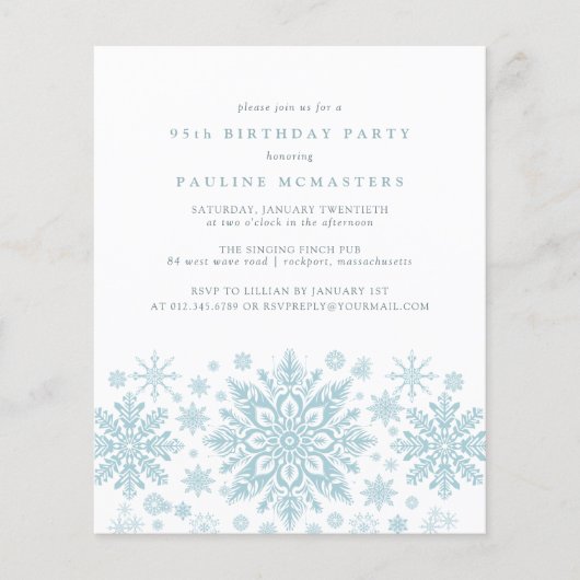 Papier BUDGET 95e anniversaire Bleu Snowflake Invitation (Devant)