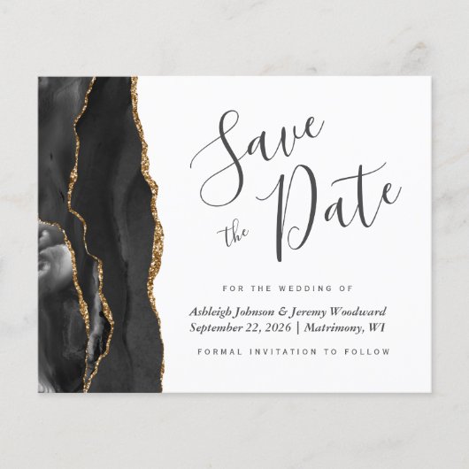Papier Budget Agate Black Gold Wedding Enregistrer la dat (Devant)