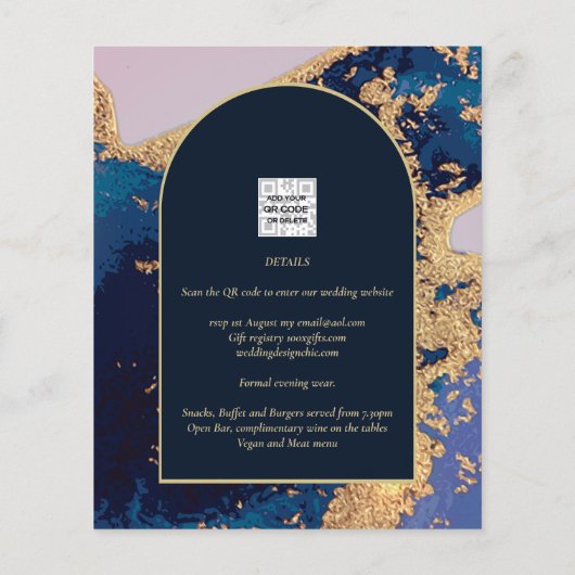 Papier Budget Agate Blue Gold Wedding Inviter QR Code RSV (Dos)