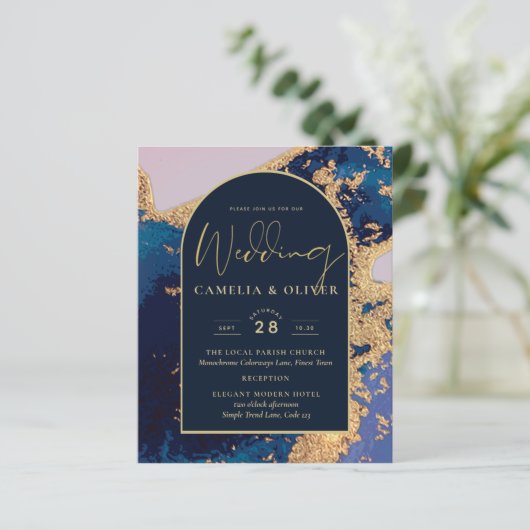 Papier Budget Agate Blue Gold Wedding Inviter QR Code RSV (Debout devant)