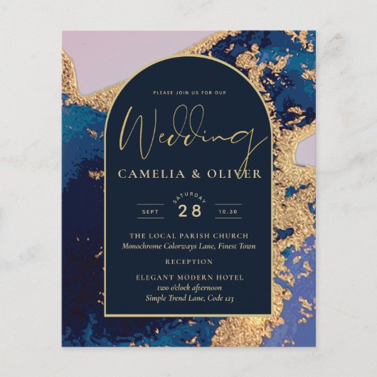 Papier Budget Agate Blue Gold Wedding Inviter QR Code RSV (Devant)