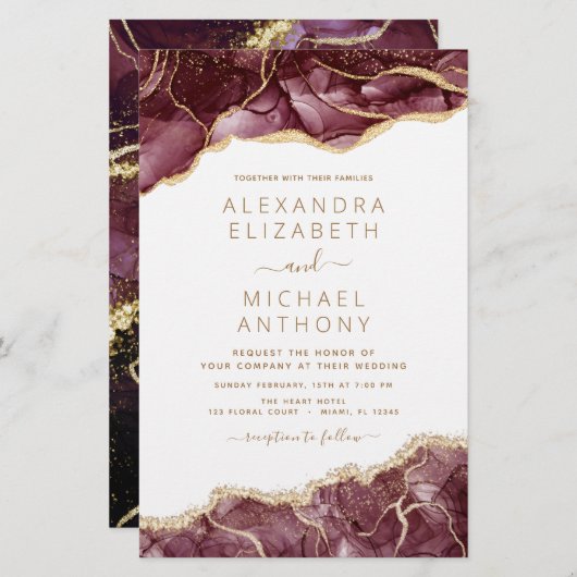 Papier Budget Agate Bourgogne Faire-part de mariage or (Devant / Derrière)