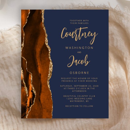 Papier Budget Agate Burnt Orange Marine Blue Wedding Invi