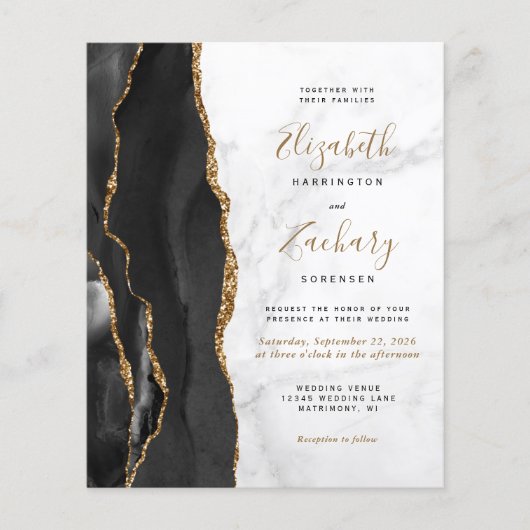 Papier Budget Agate Marbre Noir Or Code QR Mariage (Devant)
