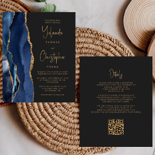 Papier Budget Agate Marine Blue Gold Dark QR Code Mariage