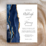Papier Budget Agate Marine Blue Gold Faire-part de mariag<br><div class="desc">Le bord gauche de cette élégante faire-part de mariage moderne est orné d'une bordure en aquarelle bleu marine ornée d'une parties scintillant en faux or. Le texte personnalisable combine écriture manuscrite, copperplate et polices italiques en gris fusain sur un arrière - plan blanc. L'envers est assorti d'un design d'agate bleu...</div>
