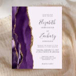 Papier Budget Agate Purple Or Faire-part de mariage moder<br><div class="desc">Le bord gauche de cette élégante faire-part de mariage moderne est orné d'une bordure d'aquarelle violette ornée d'une parties scintillant en faux or. Le texte personnalisable combine écriture manuscrite, copperplate et polices italiques en gris fusain sur un arrière - plan violet clair. L'envers est assorti d'une agate violette et dorée....</div>