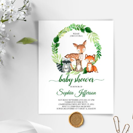 Papier Budget Animaux des bois Baby shower Invitation