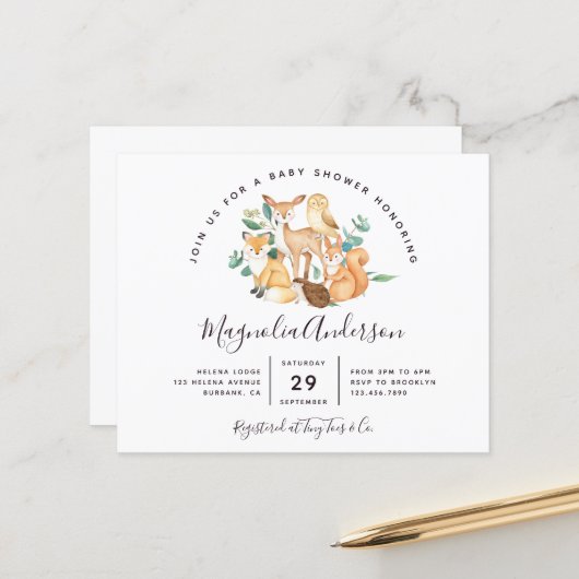Papier Budget Animaux des bois Invitation Baby shower (Devant/Arrière en situation)