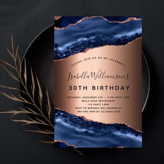 Papier Budget anniversaire bleu agate rose or invitation