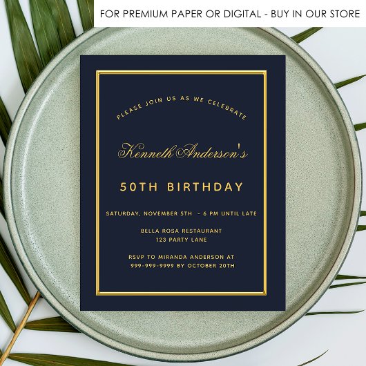 Papier Budget anniversaire bleu or classique invitation