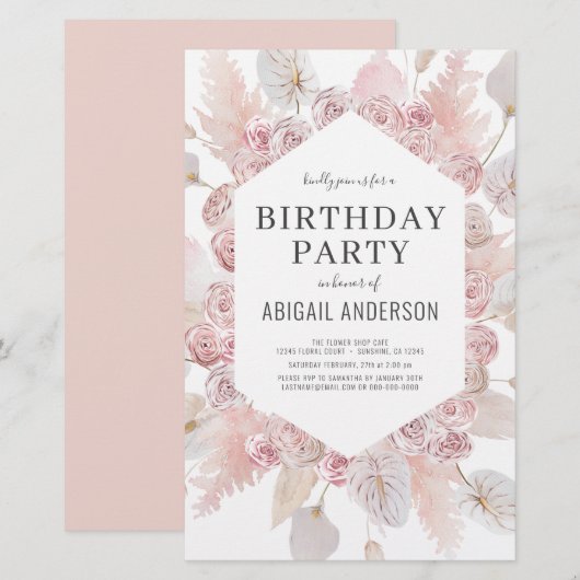 Papier Budget Anniversaire Boho Blush Pink Party Invitati (Devant / Derrière)