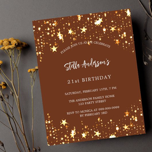 Papier Budget anniversaire brun or étoiles invitation