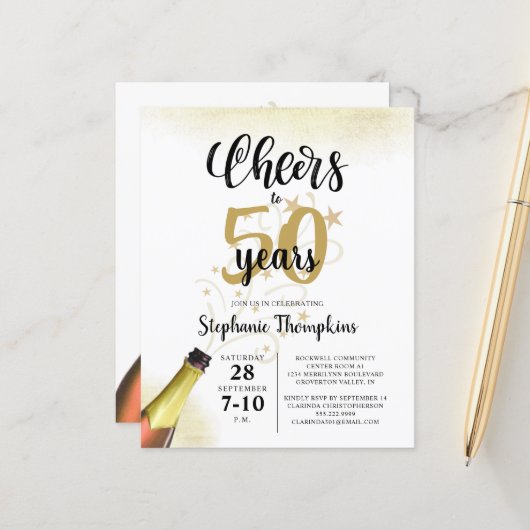 Papier Budget Anniversaire CHEERS À NOMBRE D'ANNÉES Black (Devant/Arrière en situation)