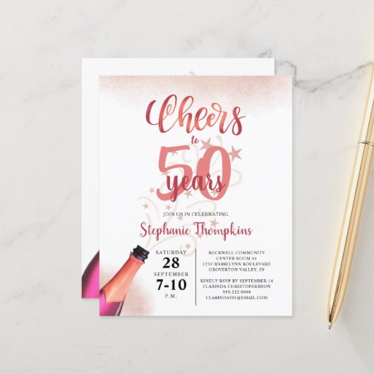 Papier Budget Anniversaire CHEERS À NOMBRE D'ANNÉES Rose  (Devant/Arrière en situation)